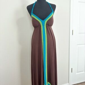 Brown Maxi Dress with Blue and Green Accents